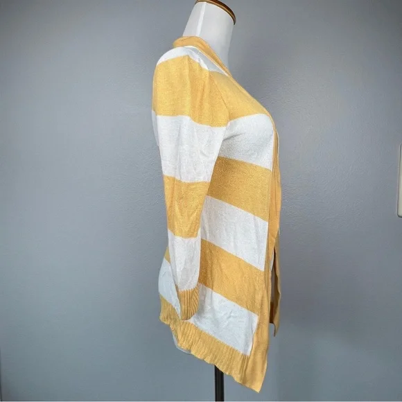 ABSOLUTELY Yellow and White Rugby Stripe 3/4 Sleeve Cardigan Open Sweater - Picture 7 of 8